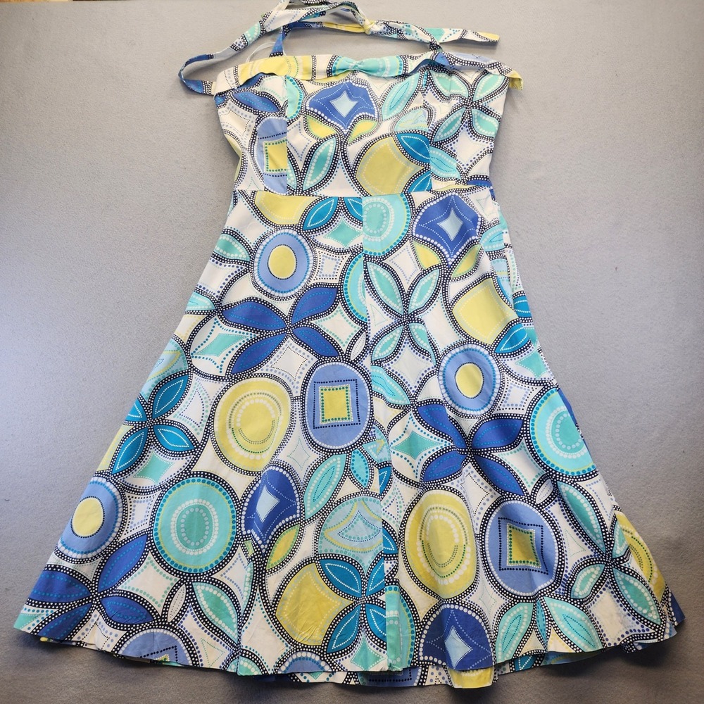 Becky & Max 10/L Halter Dress Blue Yellow Geometric Retro Pinup Fit Flare Summer